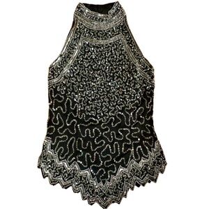 VTG Laurence Kazar black silver embellished sleeveless halter Top Sz PP NWT